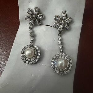 Gorgeous Aleure Precioso Pearl & Diamonds Sterling Silver Drop Flower Earrings